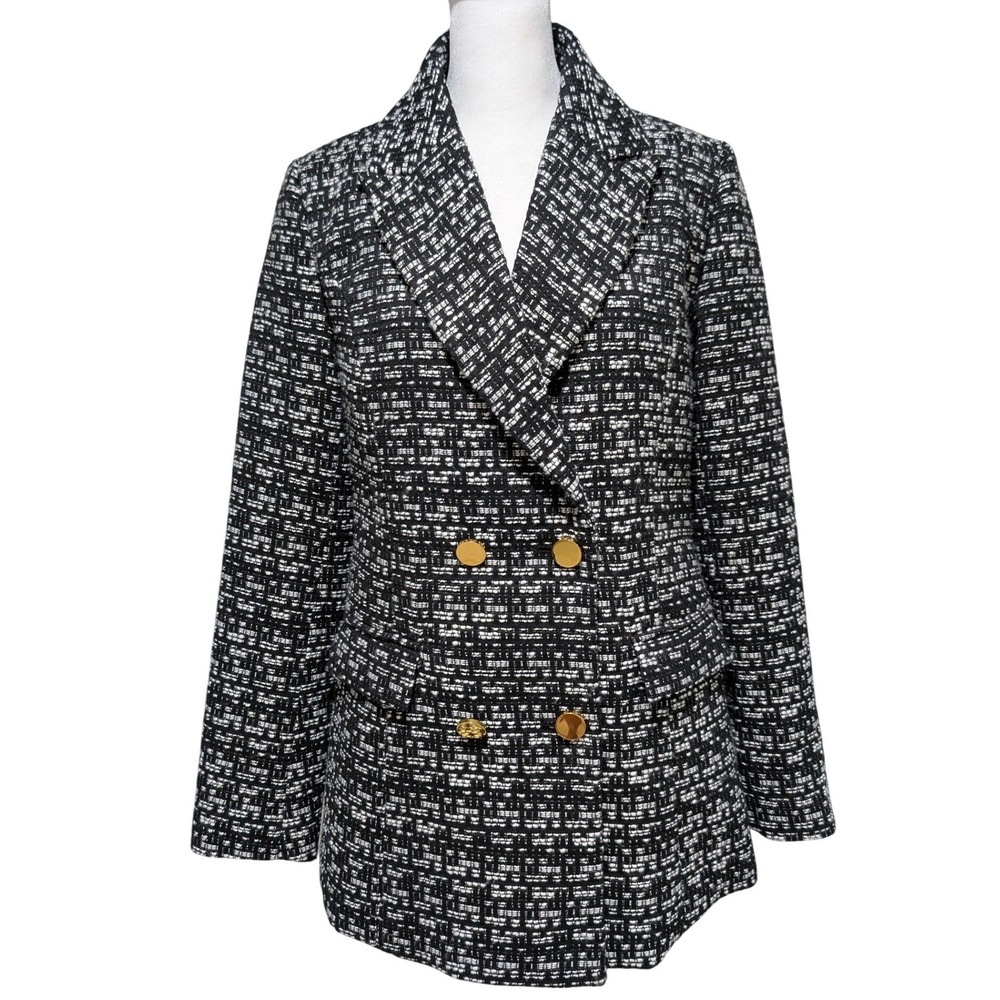 Maeve Anthropologie Black White Tweed Double Breasted Blazer Gold Buttons XS